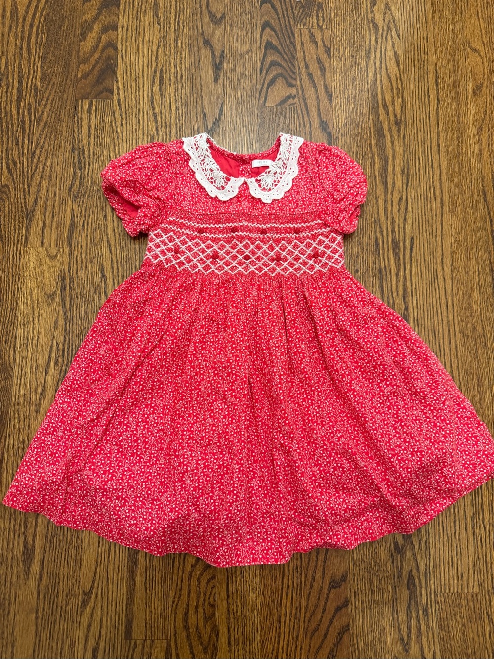 next Red Girls' Smocked Dress with White Lace Collar